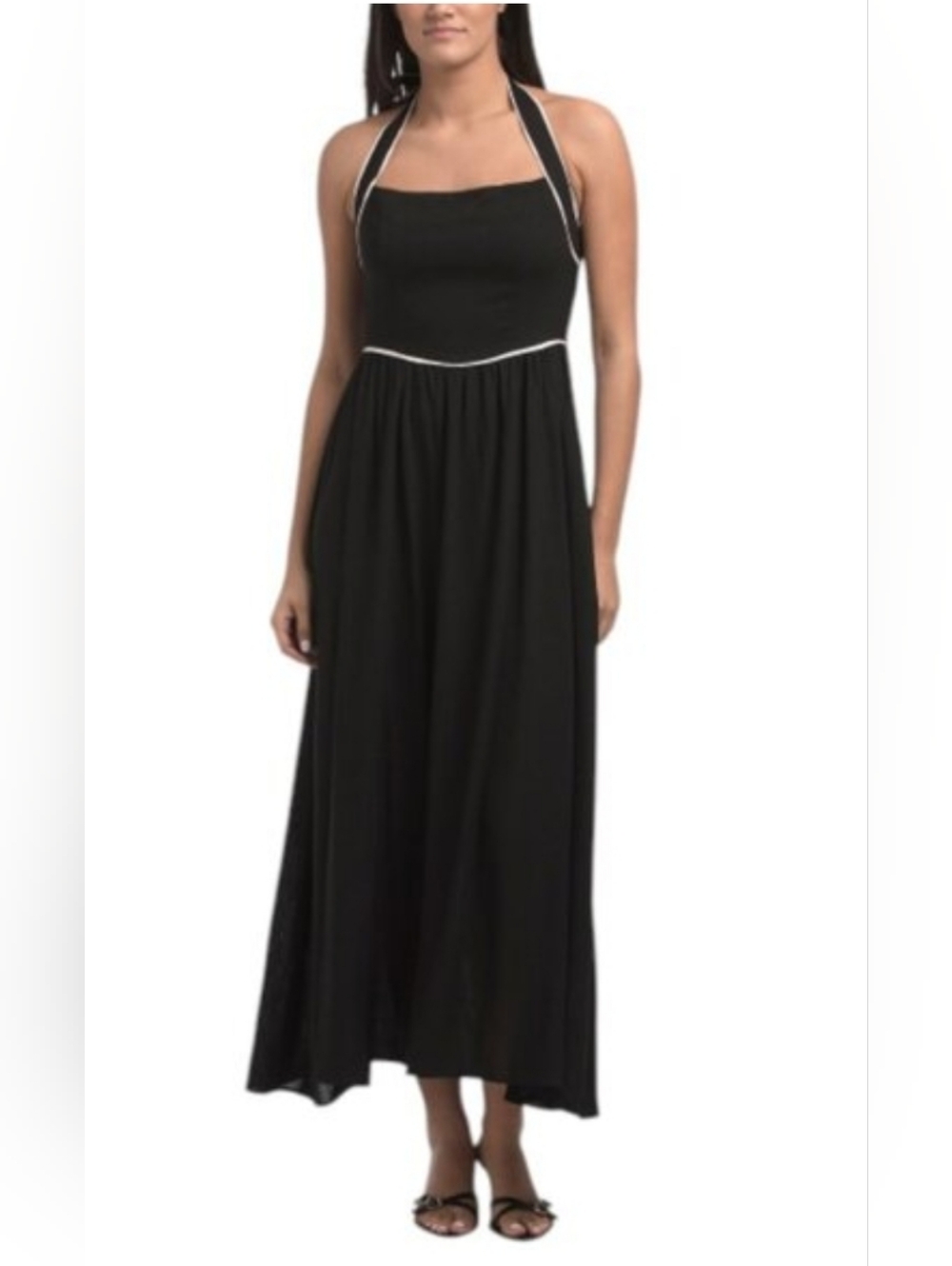 NWT - White Closet Linen Blend Navy Contrast Trim Halter Midi Dress - Size 14 - Picture 3 of 14